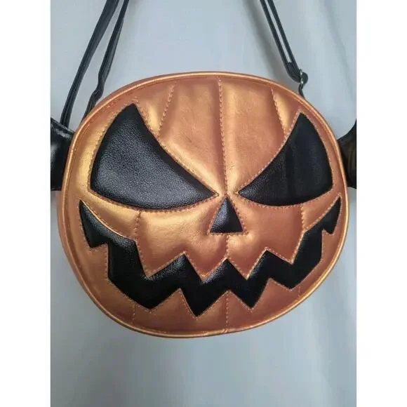 Love Pain & Stitches Metallic Gold Orange Pumpkin Head Face Bat Wings Purse Bag - Picture 2 of 9